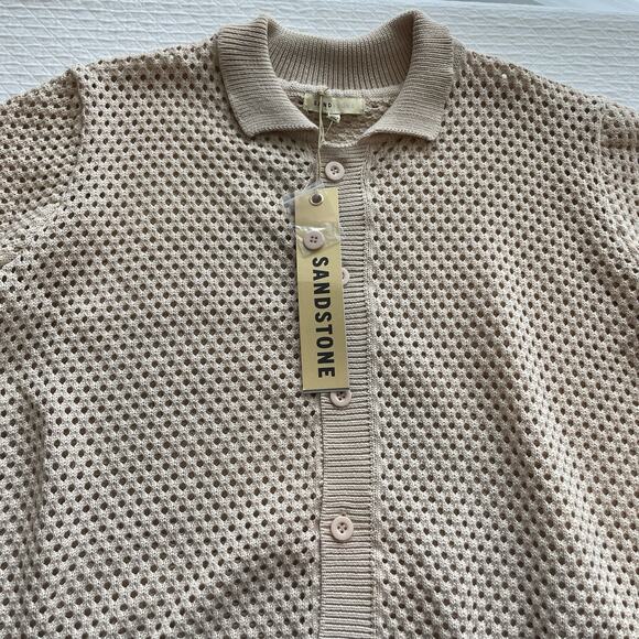 Sandstone Mens L Beige Knit Button Down Knit Polo Retro 70s Resort Quiet Luxury - Picture 4 of 10